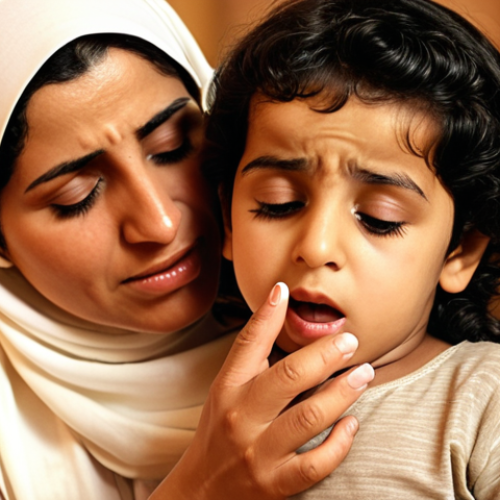 Home 4 **Image Prompt:** A concerned Arab mother gently applying cream to her young child's itchy rash, with a blurred background of traditional Arabic home decor. Focus on the mother's loving expression and the child's discomfort. Emphasis on warm lighting and soft textures.