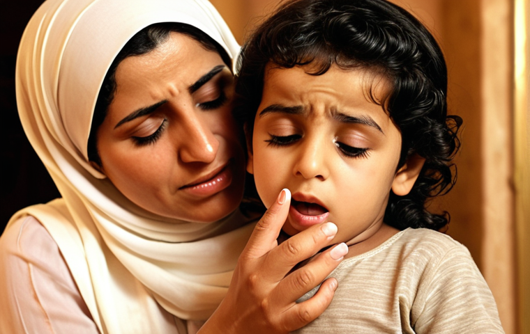 **Image Prompt:** A concerned Arab mother gently applying cream to her young child's itchy rash, with a blurred background of traditional Arabic home decor. Focus on the mother's loving expression and the child's discomfort. Emphasis on warm lighting and soft textures.