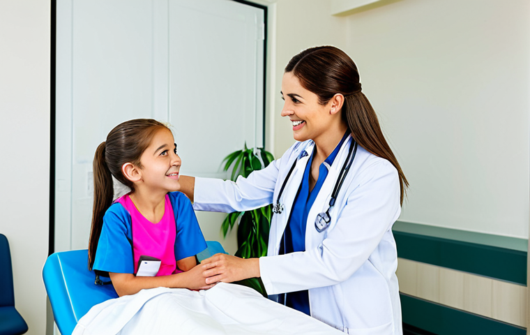 **

"A friendly female doctor, fully clothed in professional medical attire, is smiling reassuringly at a young girl (8 years old), also fully clothed in modest clothing, during a routine check-up in a bright, clean doctor's office. Safe for work, appropriate content, perfect anatomy, natural pose, well-lit, family-friendly, professional medical setting."

**