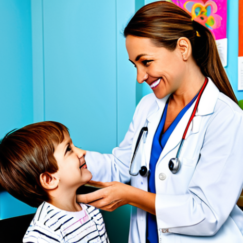 Home 21 **
"A professional female pediatrician in a bright, welcoming clinic examining a smiling young child (age 5-7), fully clothed, appropriate attire, stethoscope around her neck. The clinic is decorated with colorful, child-friendly artwork. Safe for work, perfect anatomy, natural proportions, professional setting, high quality."
**