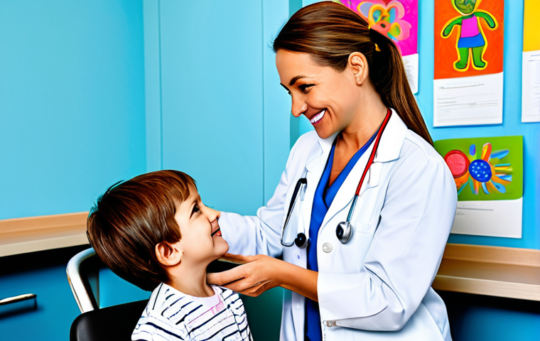 **

"A professional female pediatrician in a bright, welcoming clinic examining a smiling young child (age 5-7), fully clothed, appropriate attire, stethoscope around her neck. The clinic is decorated with colorful, child-friendly artwork. Safe for work, perfect anatomy, natural proportions, professional setting, high quality."

**