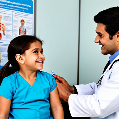 Home 20 Family Vaccination Scene**
"A warm, family-friendly scene depicting a doctor administering a vaccine to a smiling child in a clinic setting. The mother looks on reassuringly. The environment is clean and professional with posters promoting child health. Everyone is fully clothed in appropriate attire. Safe for work, appropriate content, professional, perfect anatomy, natural proportions, well-formed hands, proper finger count, modest clothing, high quality."
**