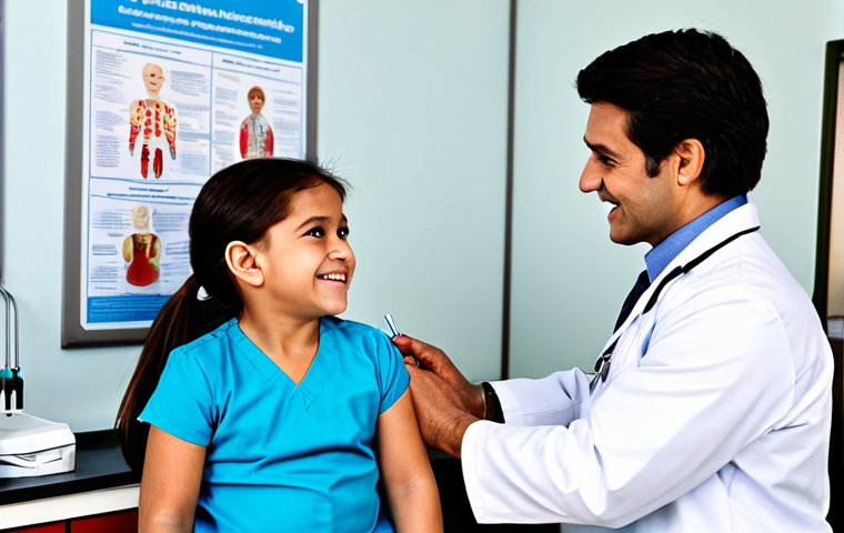 Family Vaccination Scene**

"A warm, family-friendly scene depicting a doctor administering a vaccine to a smiling child in a clinic setting. The mother looks on reassuringly. The environment is clean and professional with posters promoting child health. Everyone is fully clothed in appropriate attire. Safe for work, appropriate content, professional, perfect anatomy, natural proportions, well-formed hands, proper finger count, modest clothing, high quality."

**