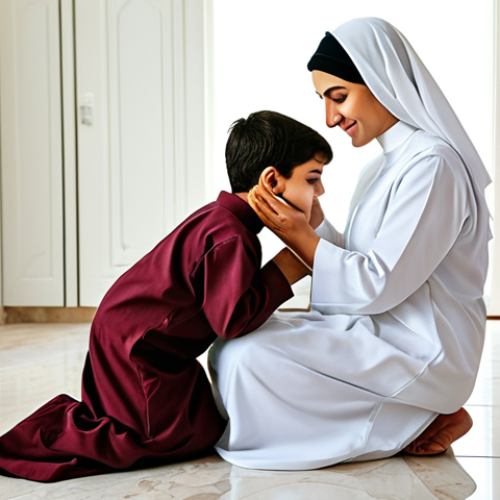 Home 9 **
"A caring mother, fully clothed in modest traditional Arabic dress, gently tending to her young child who is sniffling, in a clean, bright home setting, appropriate content, safe for work, perfect anatomy, natural proportions, family-friendly illustration, professional quality."
**