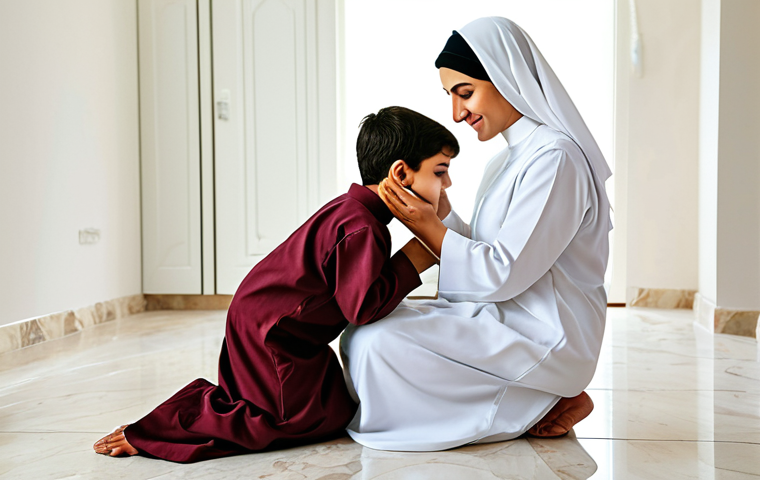 **

"A caring mother, fully clothed in modest traditional Arabic dress, gently tending to her young child who is sniffling, in a clean, bright home setting, appropriate content, safe for work, perfect anatomy, natural proportions, family-friendly illustration, professional quality."

**