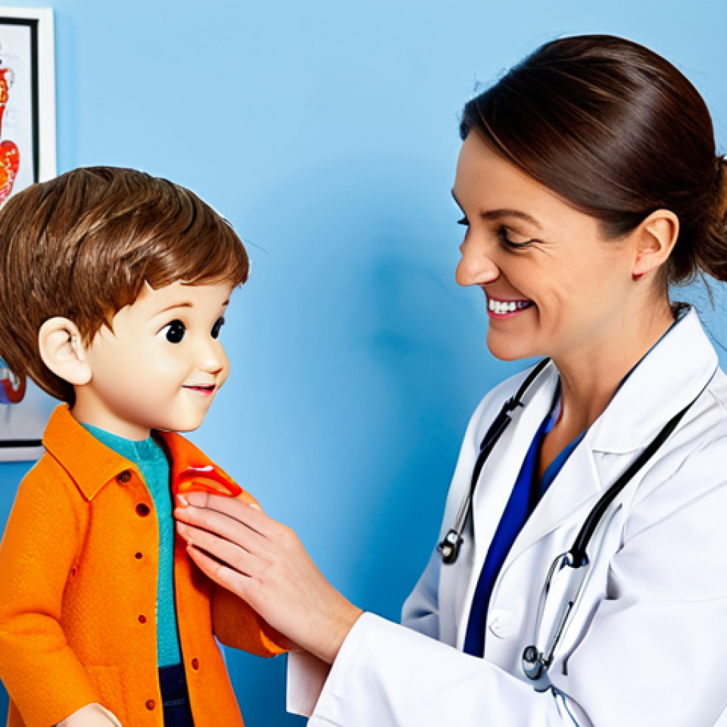 아기 수두 증상과 예방접종 정보 - **Prompt:** A kind female doctor, fully clothed in a professional white coat, gently examining a smi...