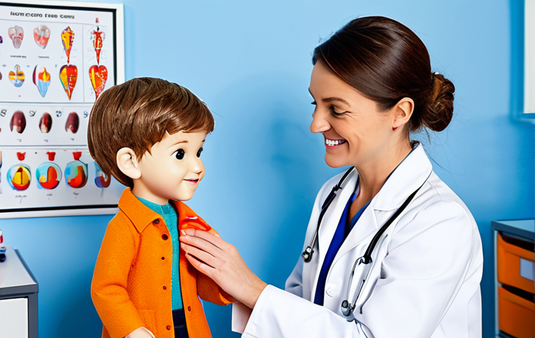 아기 수두 증상과 예방접종 정보 - **Prompt:** A kind female doctor, fully clothed in a professional white coat, gently examining a smi...