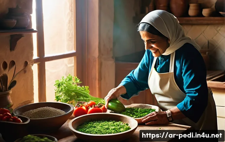 소아 비만 예방을 위한 식단 팁 - **Prompt:** A heartwarming scene in a traditional, sunlit Arab kitchen. An elder woman, possibly a g...