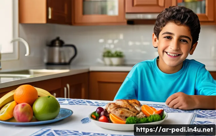 영유아 비만 관리법과 전문 병원 추천 - A healthy Middle Eastern family scene showing a young Arab boy wearing modest, age-appropriate cloth...