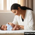 Home 22 영유아 기저귀 발진 관리법 - A tender scene of a Middle Eastern mother gently changing her infant’s diaper in a softly lit nurser...
