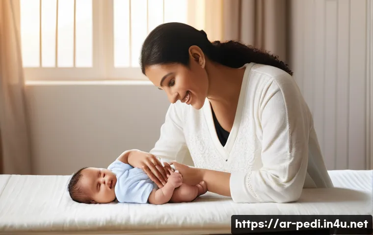 영유아 기저귀 발진 관리법 - A tender scene of a Middle Eastern mother gently changing her infant&rsquo;s diaper in a softly lit nurser...