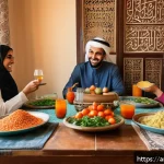 Home 20 아이들의 식욕부진 원인과 개선 방법 - A warm, inviting family dining scene in a traditional Middle Eastern home, featuring a smiling Arab ...
