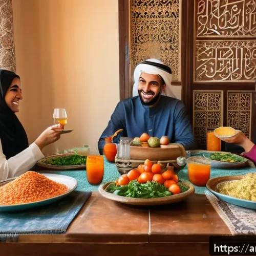 Home 32 아이들의 식욕부진 원인과 개선 방법 - A warm, inviting family dining scene in a traditional Middle Eastern home, featuring a smiling Arab ...