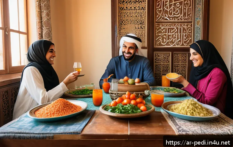 아이들의 식욕부진 원인과 개선 방법 - A warm, inviting family dining scene in a traditional Middle Eastern home, featuring a smiling Arab ...