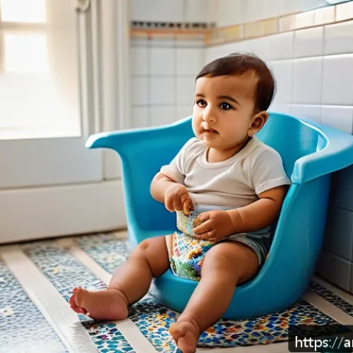 Home 31 아이들의 변비 증상과 치료법 - A warm and nurturing scene of an Arab toddler wearing a colorful diaper, sitting comfortably on a sm...