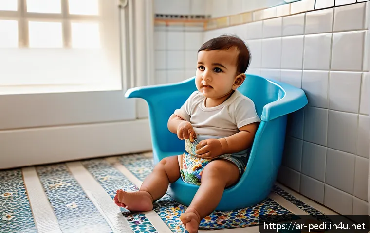 아이들의 변비 증상과 치료법 - A warm and nurturing scene of an Arab toddler wearing a colorful diaper, sitting comfortably on a sm...