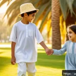 Home 18 소아 근시 진행을 막는 치료법 - A warm, natural outdoor scene in a Middle Eastern park during late afternoon, showing a young Arab b...