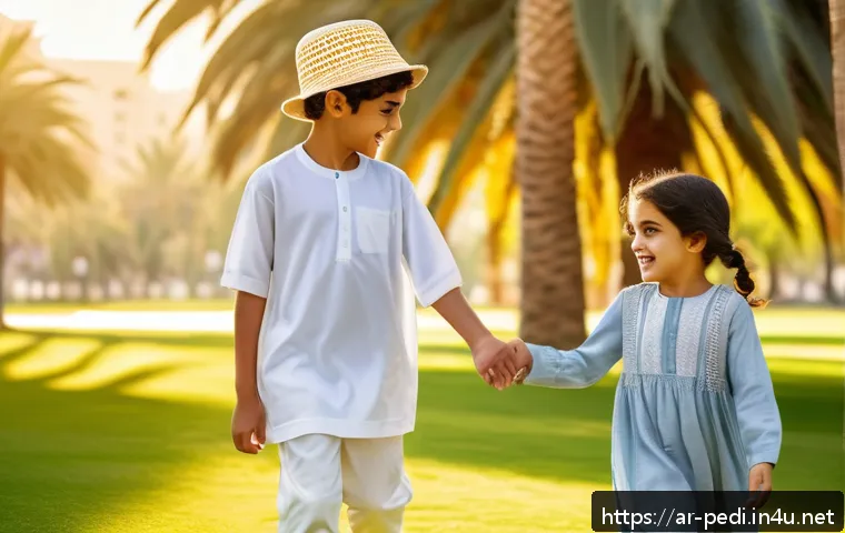 소아 근시 진행을 막는 치료법 - A warm, natural outdoor scene in a Middle Eastern park during late afternoon, showing a young Arab b...