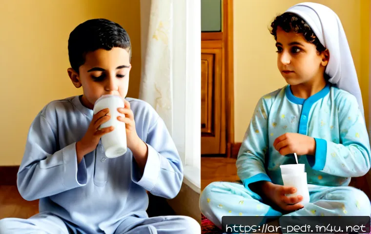 소아 감기와 후두염 증상 비교 - Photorealistic side-by-side pediatric health comparison in a warm Arabic family home: on the left, a...