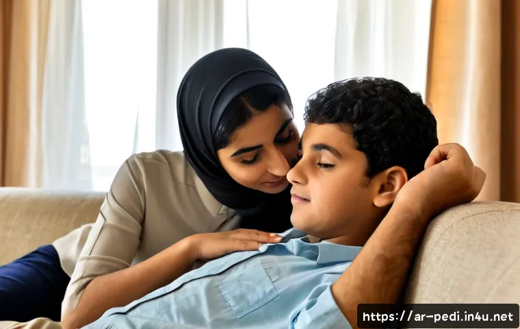 Home 30 소아 백혈병 초기 증상과 진단 - Photorealistic Arab family home scene, a fully clothed young child resting quietly on a sofa with pa...