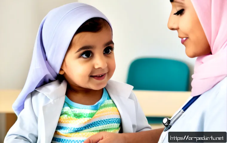 Home 17 소아과 정기 검진 시 체크리스트 - Photorealistic pediatric wellness checkup in a bright, modern Middle Eastern clinic, caring Arab fem...